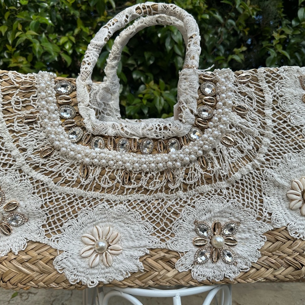 Elegant Lace and Pearl Embellished Tan Handbag